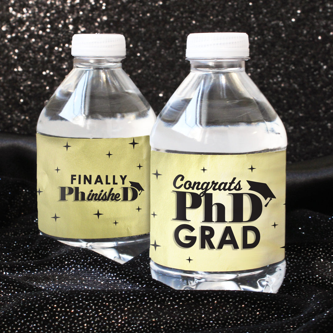 Graduation Class of 2025: Black and Gold PhD Graduation Party Favors - Water Bottle Labels  - 24 Waterproof Stickers