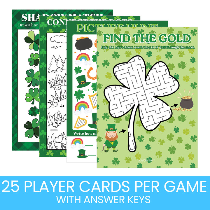 St. Patrick's Day Games: Picture Hunt, Matching, Maze, Connect the Dots - Preschool - 4 Game Bundle for 25 Kids