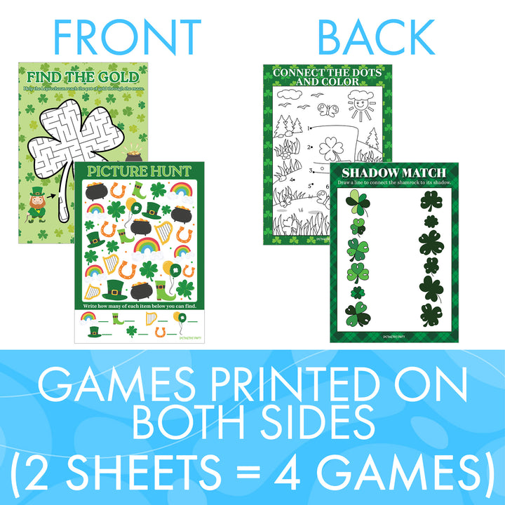 St. Patrick's Day Games: Picture Hunt, Matching, Maze, Connect the Dots - Preschool - 4 Game Bundle for 25 Kids