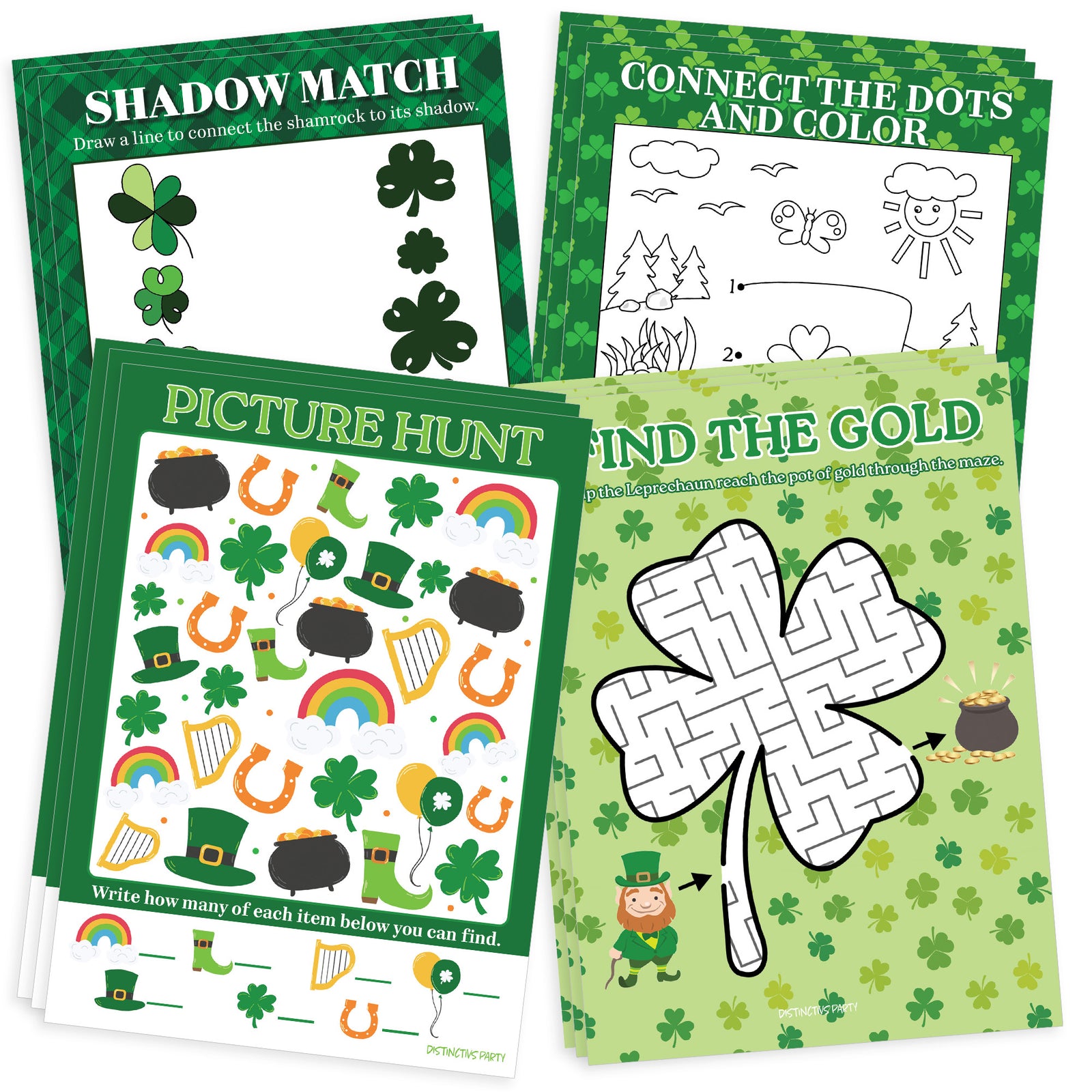 St. Patrick's Day Games: Picture Hunt, Matching, Maze, Connect the Dots - Preschool - 4 Game Bundle for 25 Kids - Distinctivs Party