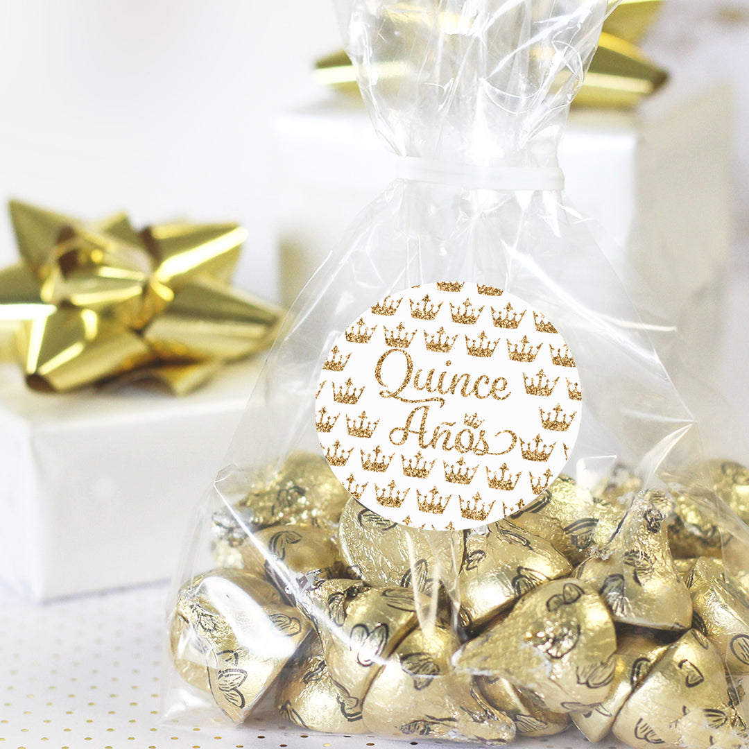 Quinceañera: White & Gold - Sparkling Mis Quince 15th Birthday - Party Favor Stickers - 40 Stickers