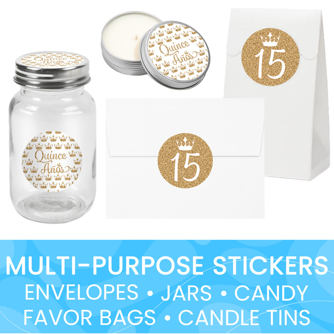 Quinceañera: White & Gold - Sparkling Mis Quince 15th Birthday - Party Favor Stickers - 40 Stickers