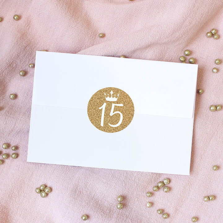 Quinceañera: White & Gold - Sparkling Mis Quince 15th Birthday - Party Favor Stickers - 40 Stickers