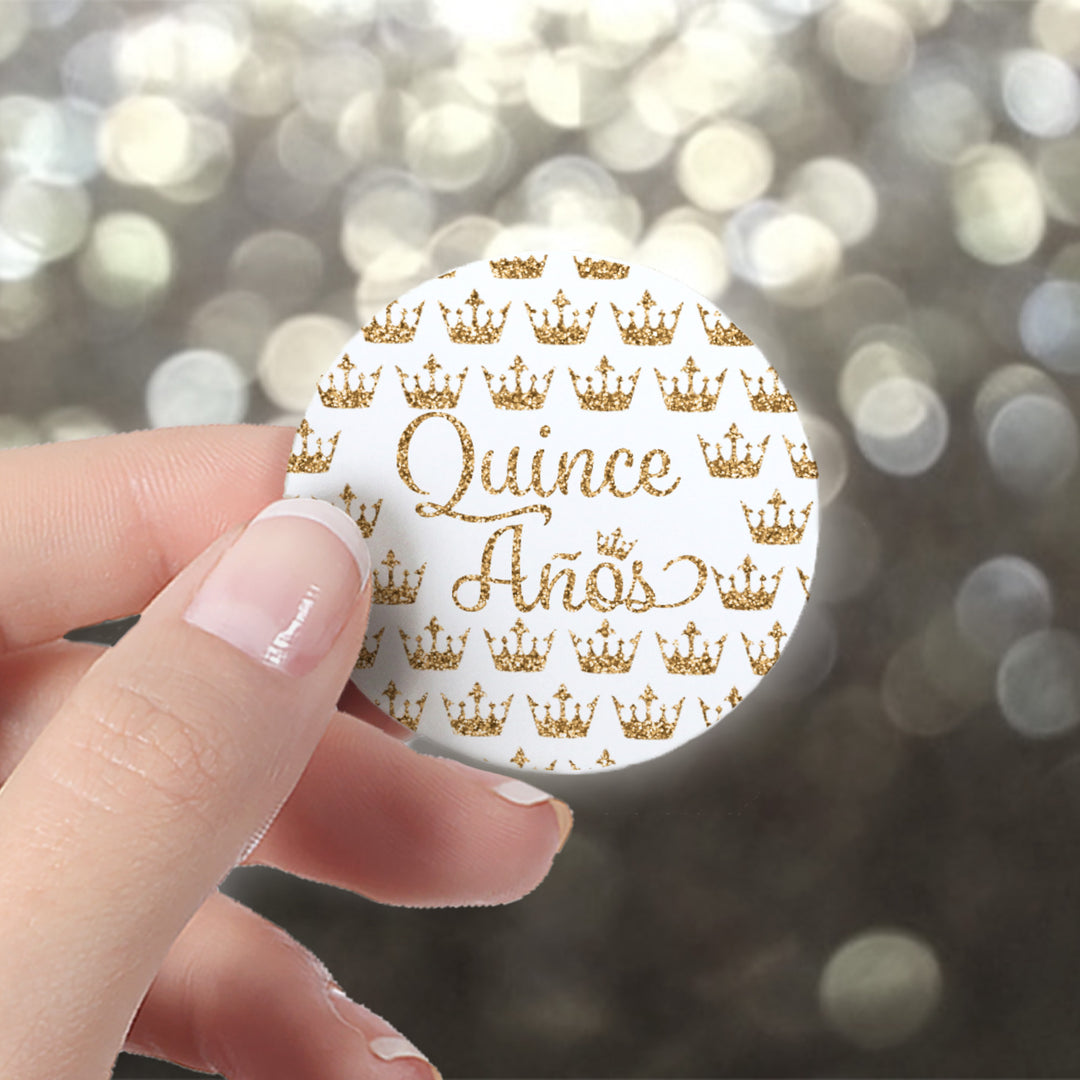 Quinceañera: White & Gold - Sparkling Mis Quince 15th Birthday - Party Favor Stickers - 40 Stickers