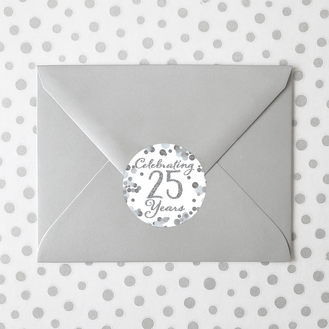 Silver 25th Anniversary: Party Favor Round Labels - 40 Stickers