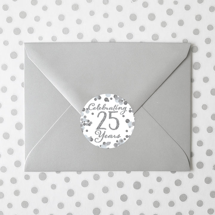 Silver 25th Anniversary: Party Favor Round Labels - 40 Stickers
