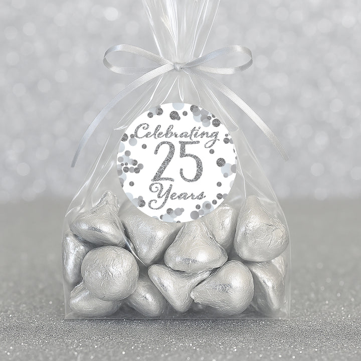 Silver 25th Anniversary: Party Favor Round Labels - 40 Stickers