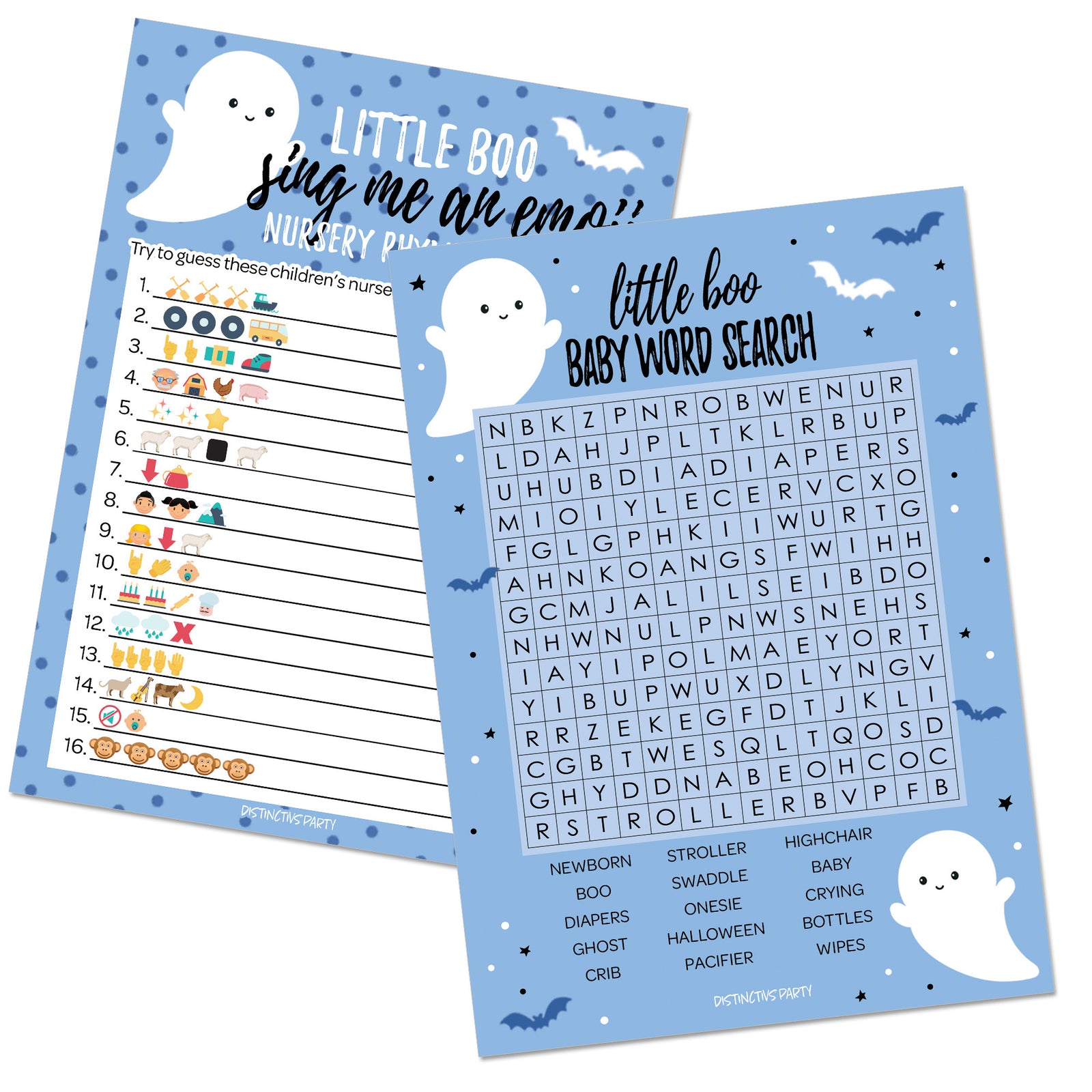 Little Boo: Blue - Boy Baby Shower Game - Fall Sing Me an Emoji and Word Search - Two Game Bundle -  20 Dual Sided Cards - Distinctivs Party
