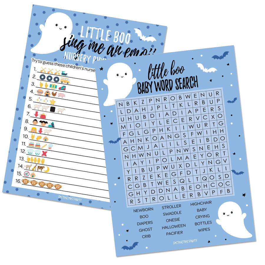 Little Boo: Blue - Boy Baby Shower Game - Sing Me an Emoji and Word Search - Two Game Bundle -  20 Dual Sided Cards - Distinctivs Party