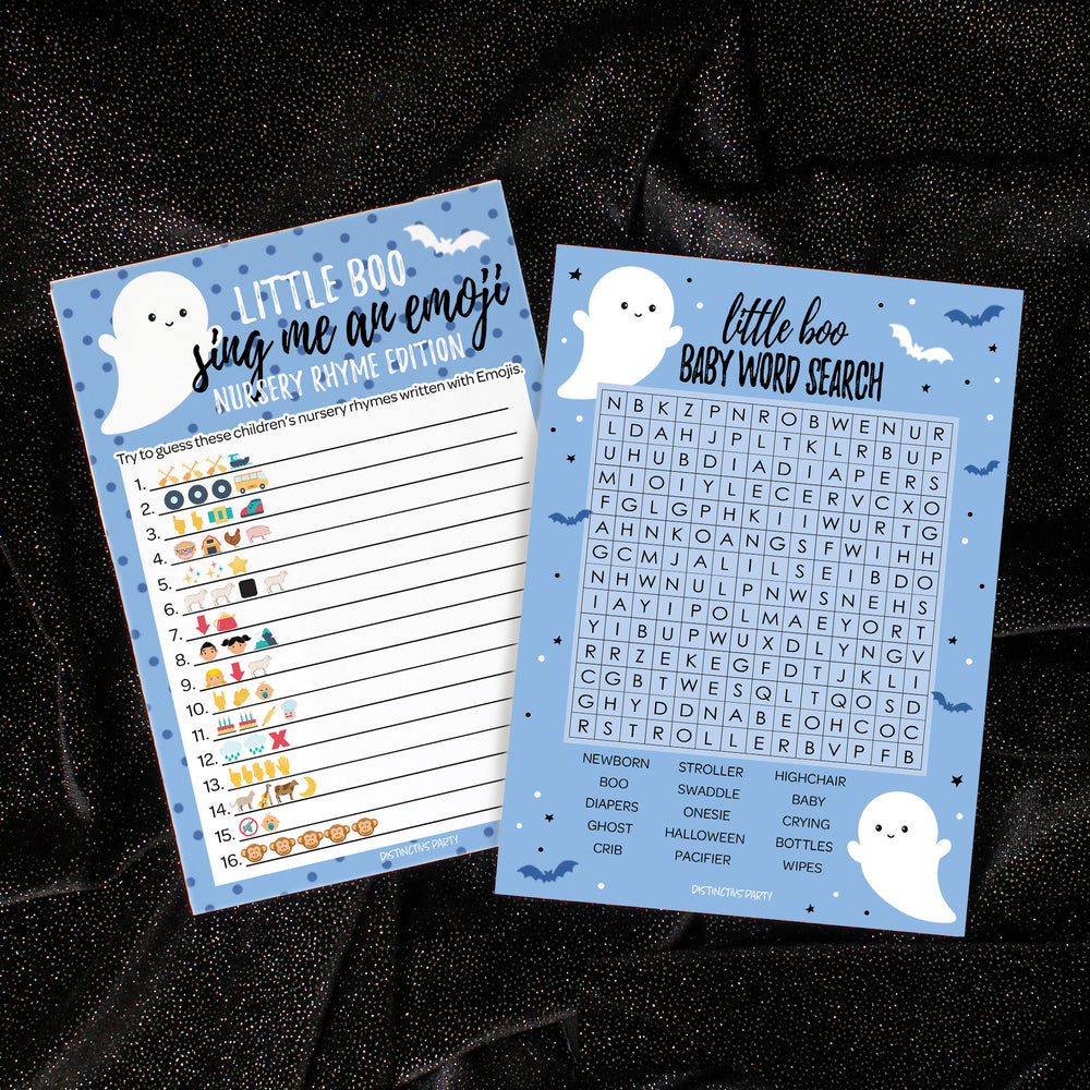 Little Boo: Blue - Boy Baby Shower Game - Sing Me an Emoji and Word Search - Two Game Bundle -  20 Dual Sided Cards - Distinctivs Party