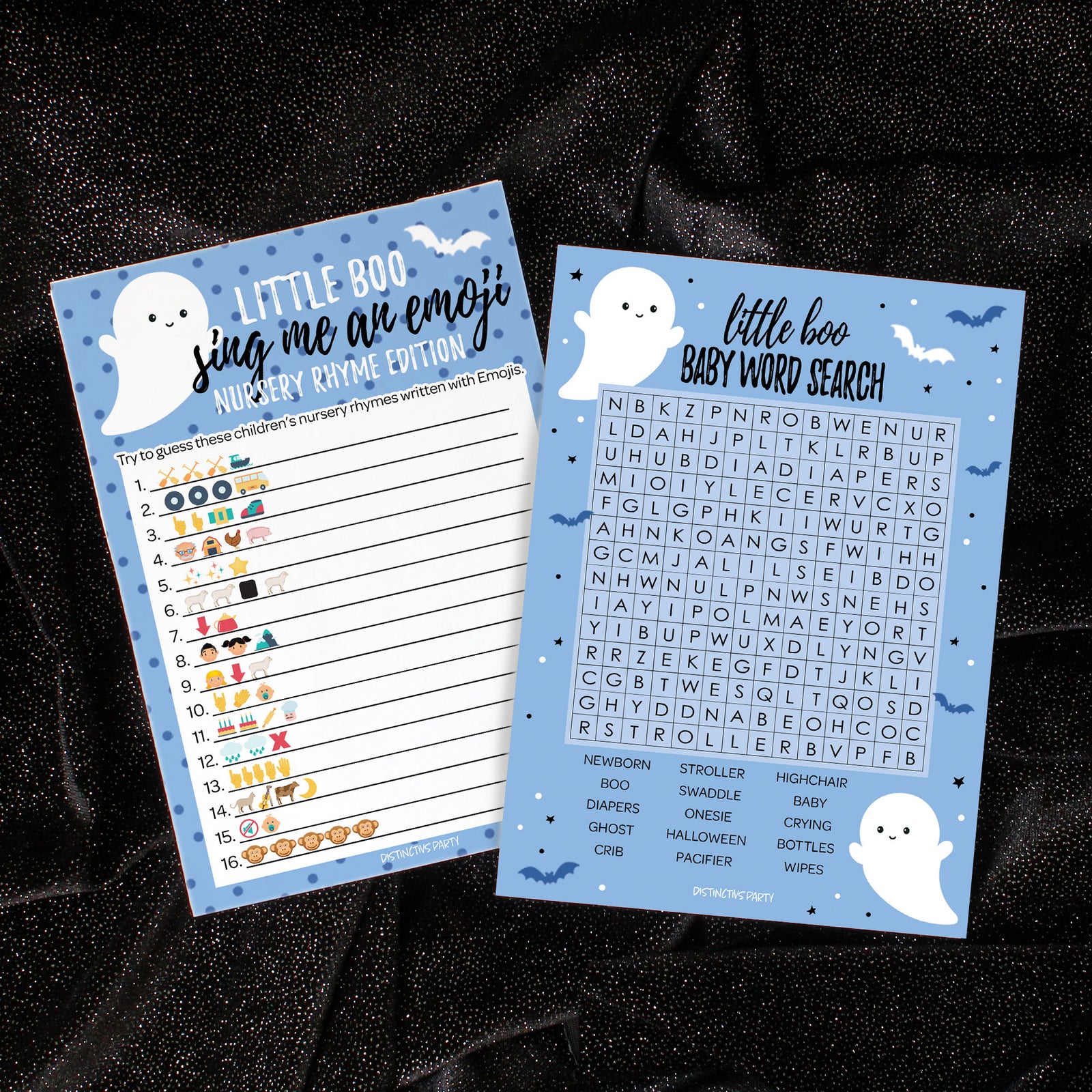 Little Boo: Blue - Boy Baby Shower Game - Fall Sing Me an Emoji and Word Search - Two Game Bundle -  20 Dual Sided Cards - Distinctivs Party