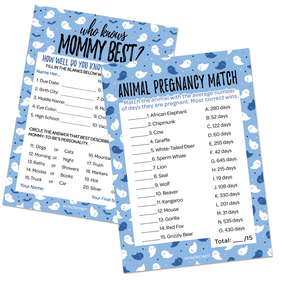 Little Boo: Blue - Boy Baby Shower Game - Who Knows Mommy Best and Animal Pregnancy Match - Two Game Bundle -  20 Dual Sided Cards - Distinctivs Party