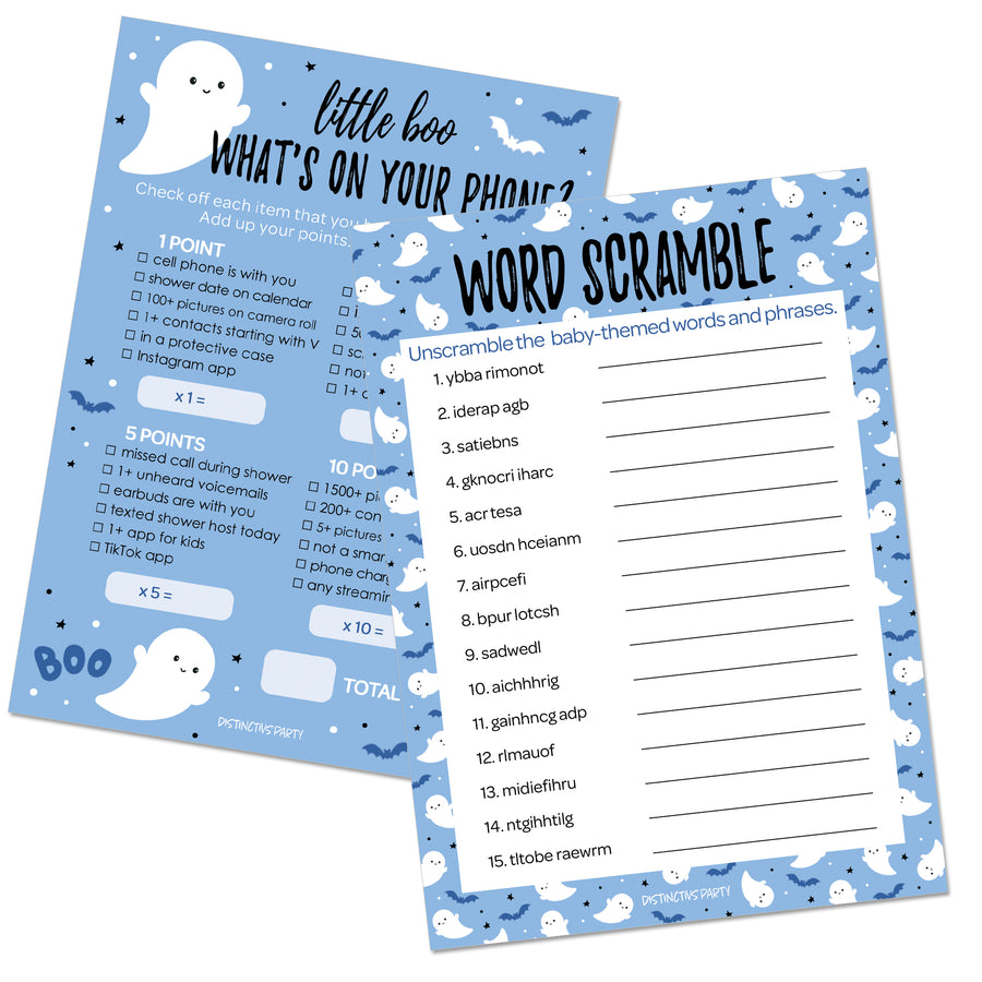 Little Boo: Blue - Boy Baby Shower Game - What's On Your Phone and Word Scramble - Two Game Bundle -  20 Dual Sided Cards - Distinctivs Party