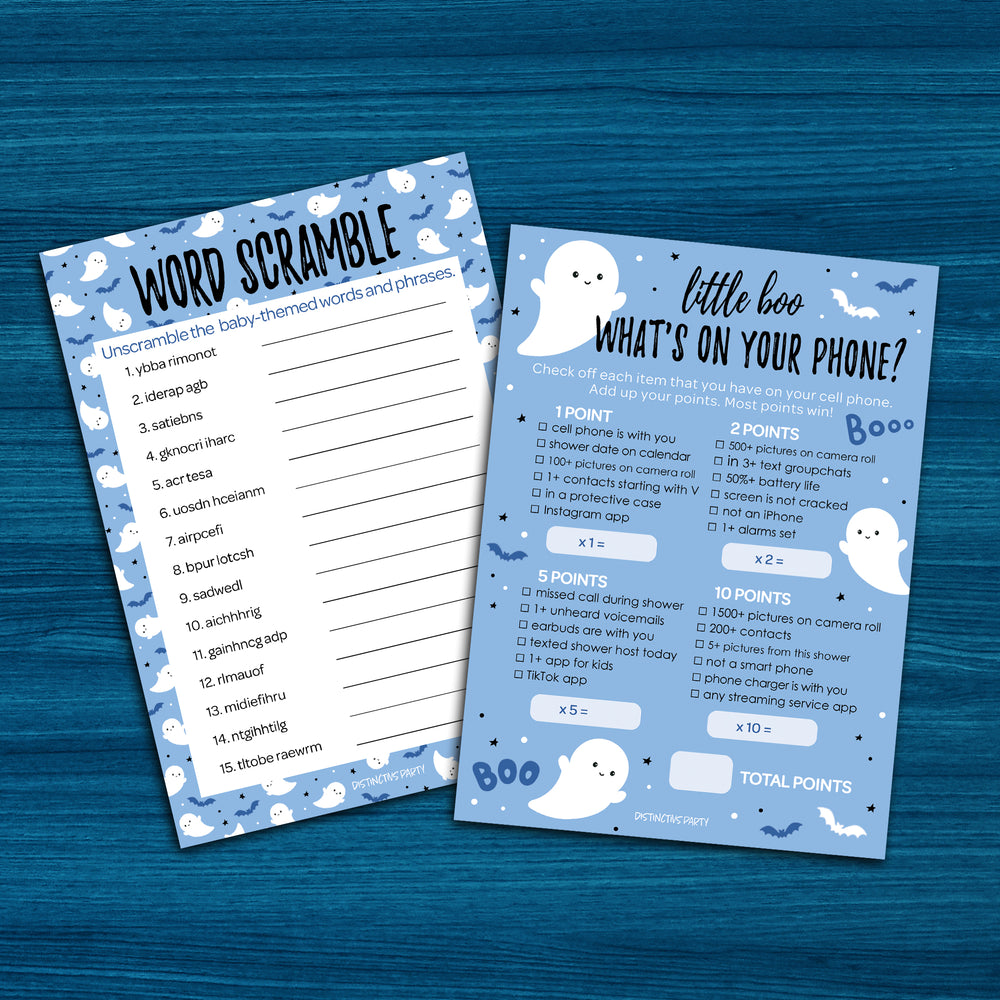 Little Boo: Blue - Boy Baby Shower Game - What's On Your Phone and Word Scramble - Two Game Bundle -  20 Dual Sided Cards - Distinctivs Party