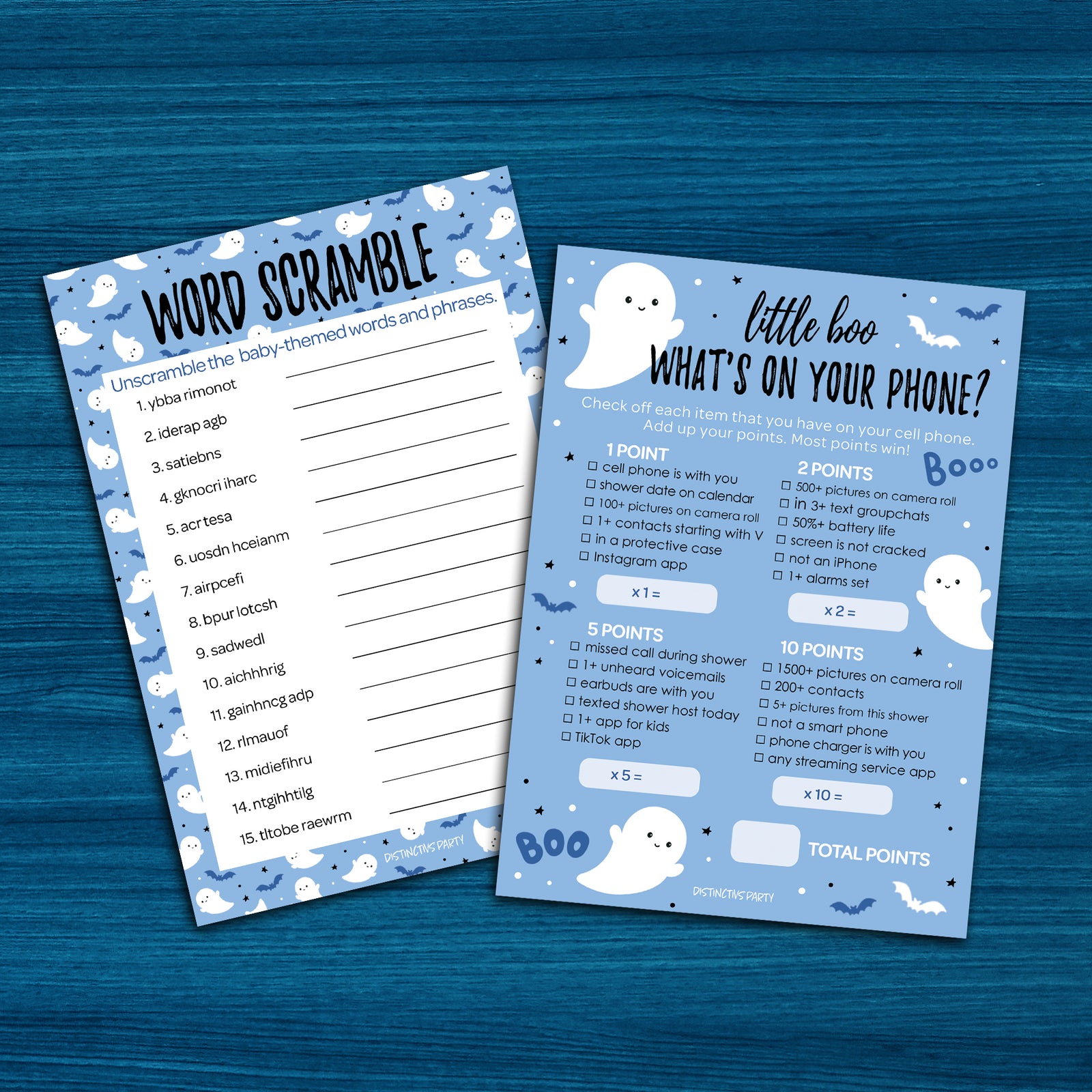 Little Boo: Blue - Boy Baby Shower Game -Fall What's On Your Phone and Word Scramble - Two Game Bundle -  20 Dual Sided Cards - Distinctivs Party