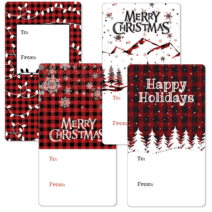 Christmas Gift Tag Stickers: Black and Red Plaid To/From Labels, 42 Count