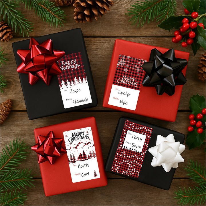 Christmas Gift Tag Stickers: Black and Red Plaid To/From Labels, 42 Count