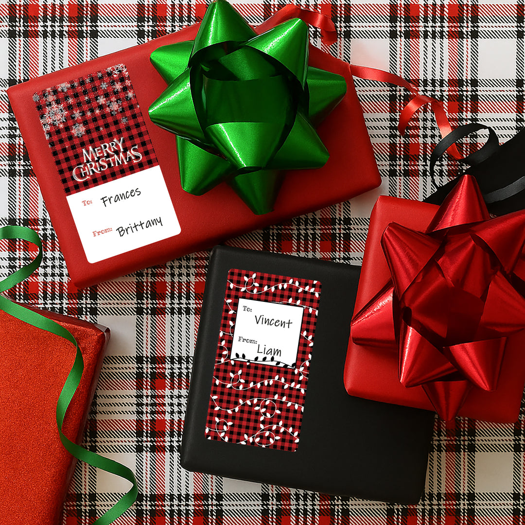Christmas Gift Tag Stickers: Black and Red Plaid To/From Labels, 42 Count