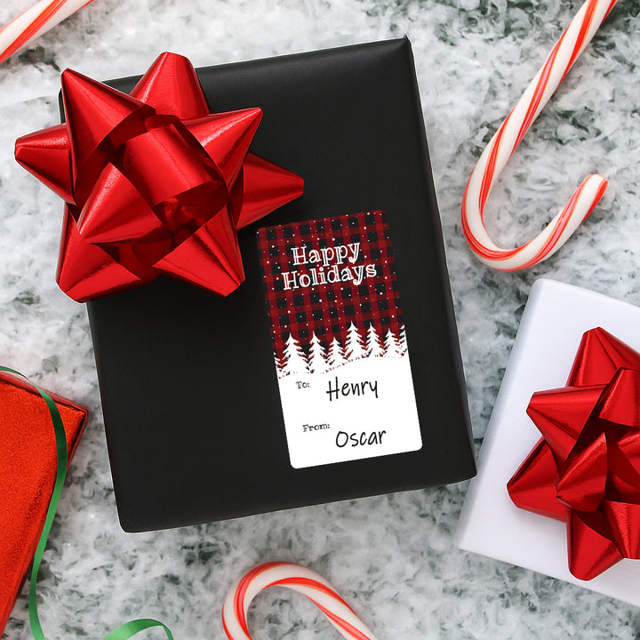 Christmas Gift Tag Stickers: Black and Red Plaid To/From Labels, 42 Count