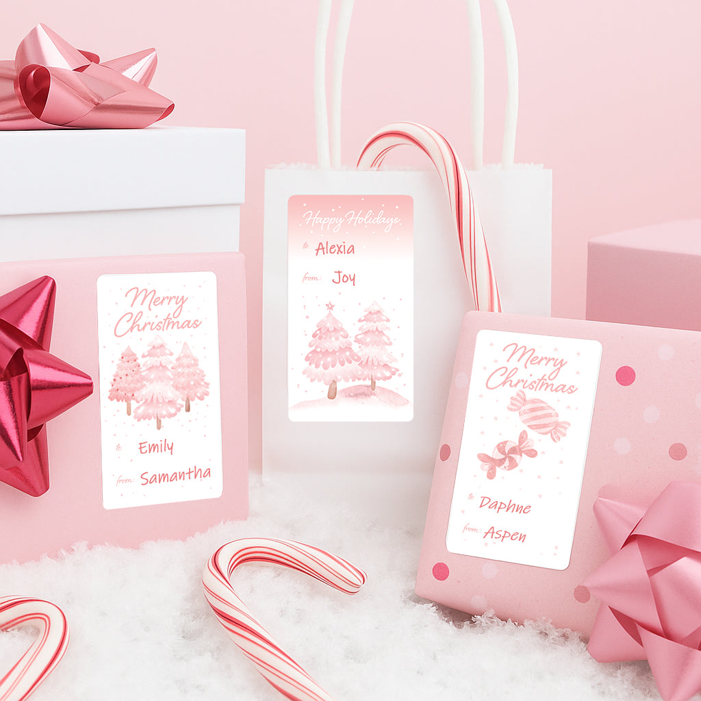 Christmas Gift Tag Stickers: Whimsical Pink To/From Labels, 42 Count