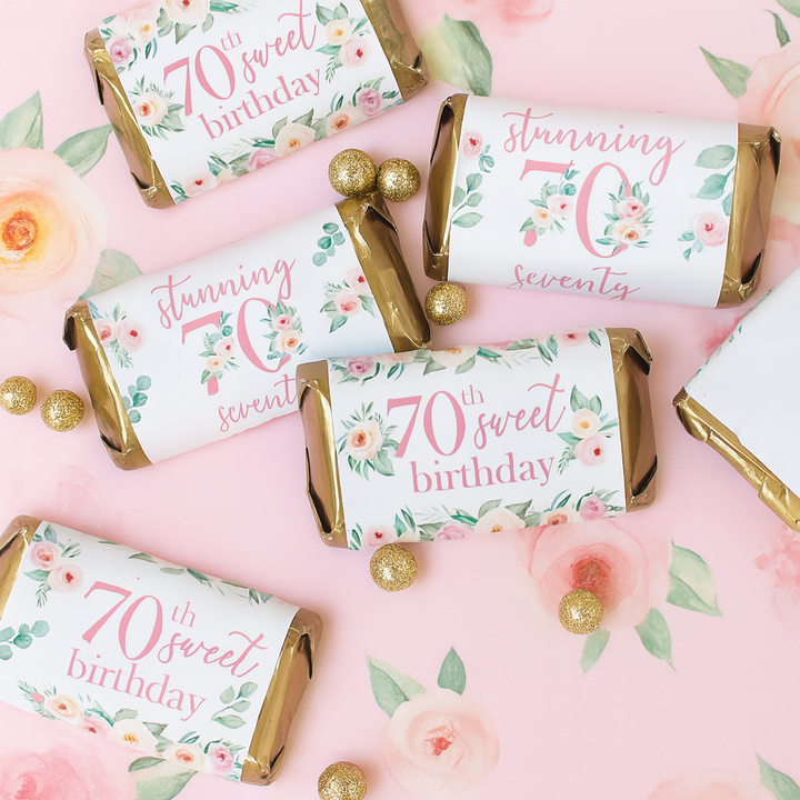 70th Birthday: Floral - Hershey's Miniatures Candy Bar Wrappers - 42 Stickers