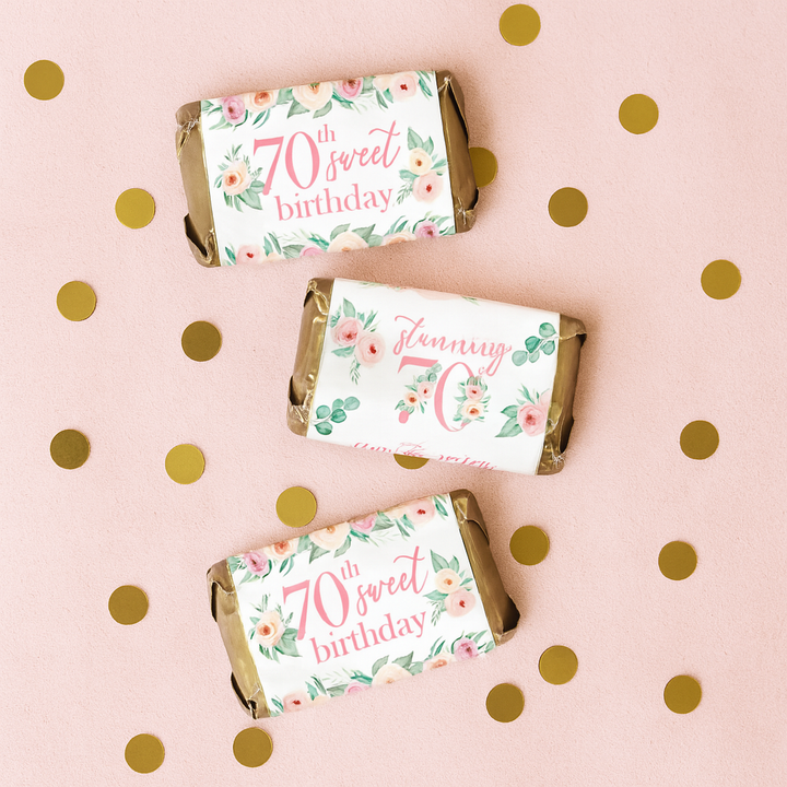 70th Birthday: Floral - Hershey's Miniatures Candy Bar Wrappers - 42 Stickers