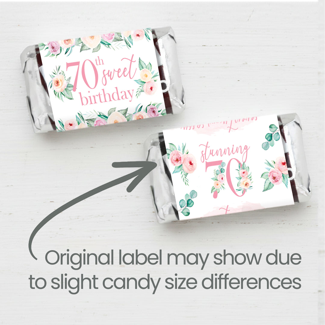70th Birthday: Floral - Hershey's Miniatures Candy Bar Wrappers - 42 Stickers