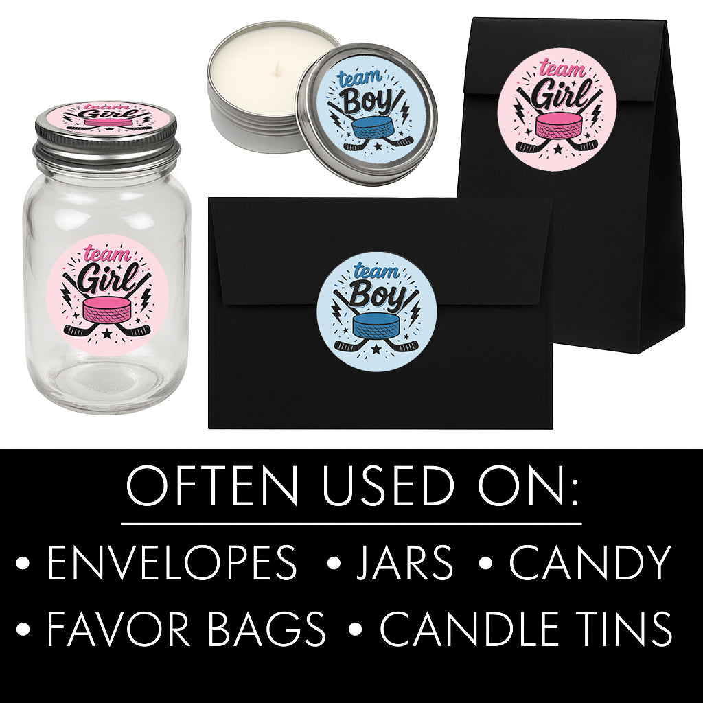 Hockey Gender Reveal Stickers – Team Boy or Team Girl – 40 Count
