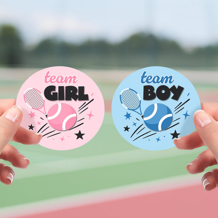 Tennis Gender Reveal Stickers – Team Boy or Team Girl – 40 Count