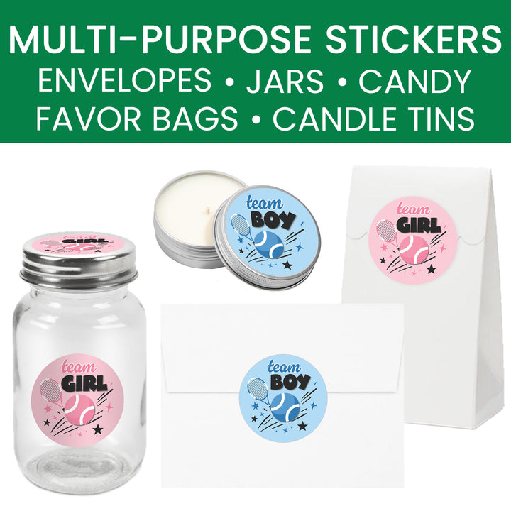 Tennis Gender Reveal Stickers – Team Boy or Team Girl – 40 Count