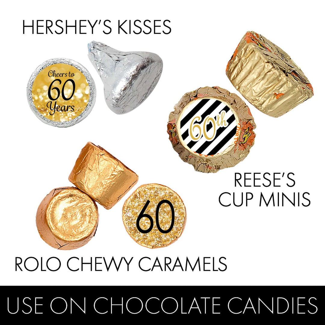 60th Birthday: Black & Gold - Fits on Hershey's Kisses - 180 Stickers - Distinctivs Party