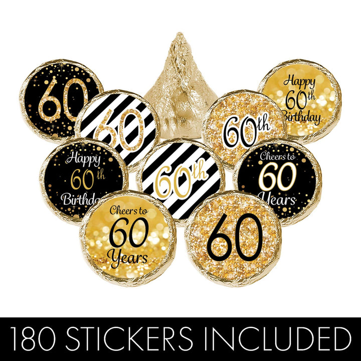 60th Birthday: Black & Gold - Fits on Hershey's Kisses - 180 Stickers - Distinctivs Party