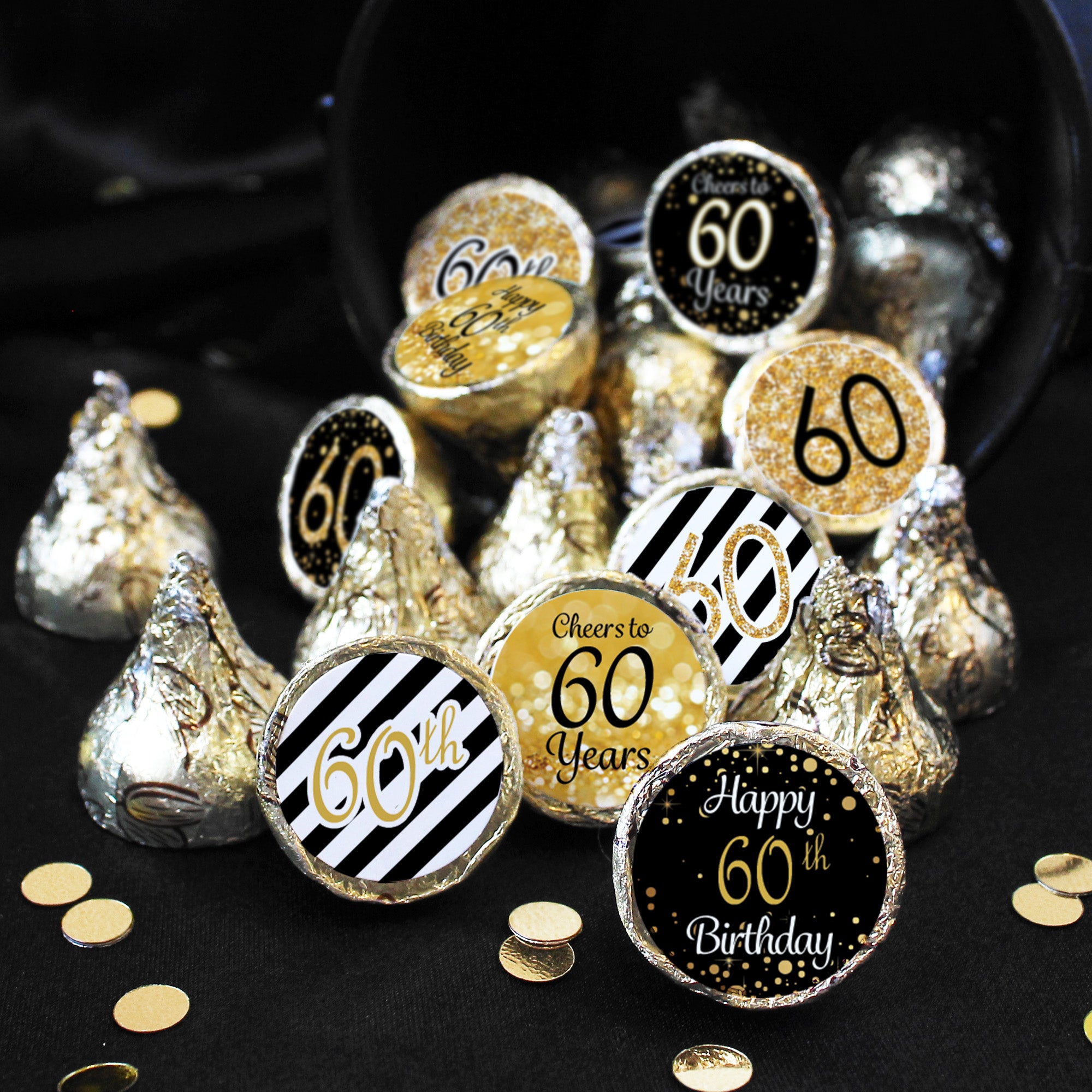 60th Birthday: Black & Gold - Fits on Hershey's Kisses - 180 Stickers