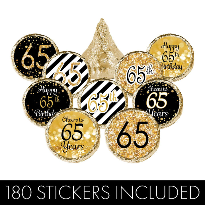 65th Birthday: Black & Gold - Fits on Hershey's Kisses - 180 Stickers - Distinctivs Party