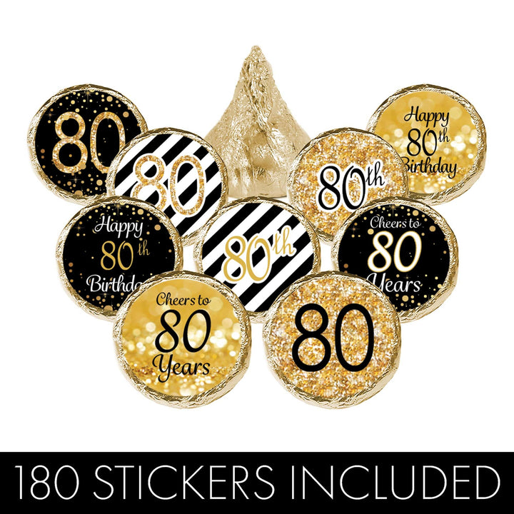 80th Birthday: Black & Gold - Fits on Hershey's Kisses - 180 Stickers - Distinctivs Party