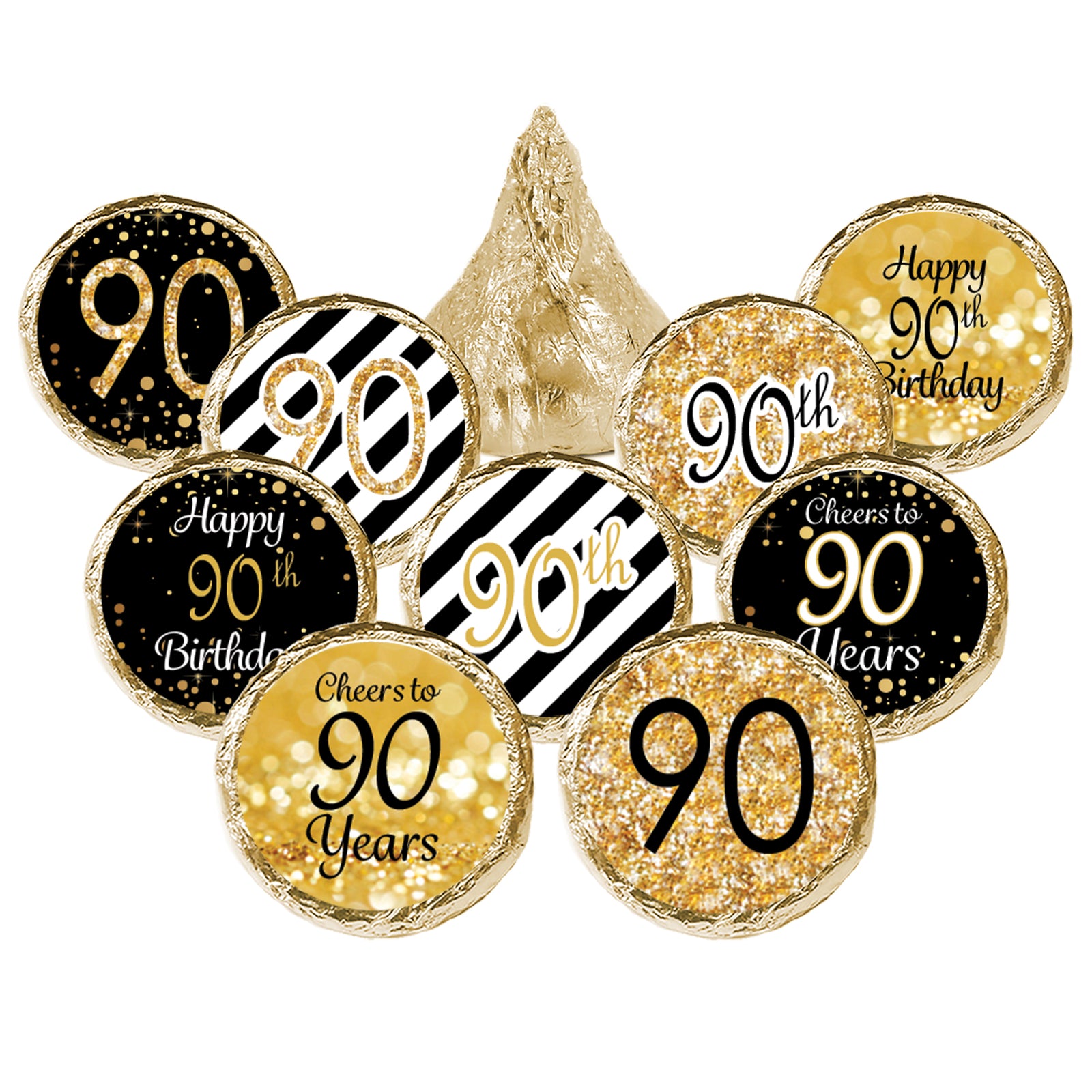 90th Birthday: Black & Gold Birthday -  Party Favor Stickers - Fits on Hershey® Kisses - 180 Stickers - Distinctivs Party