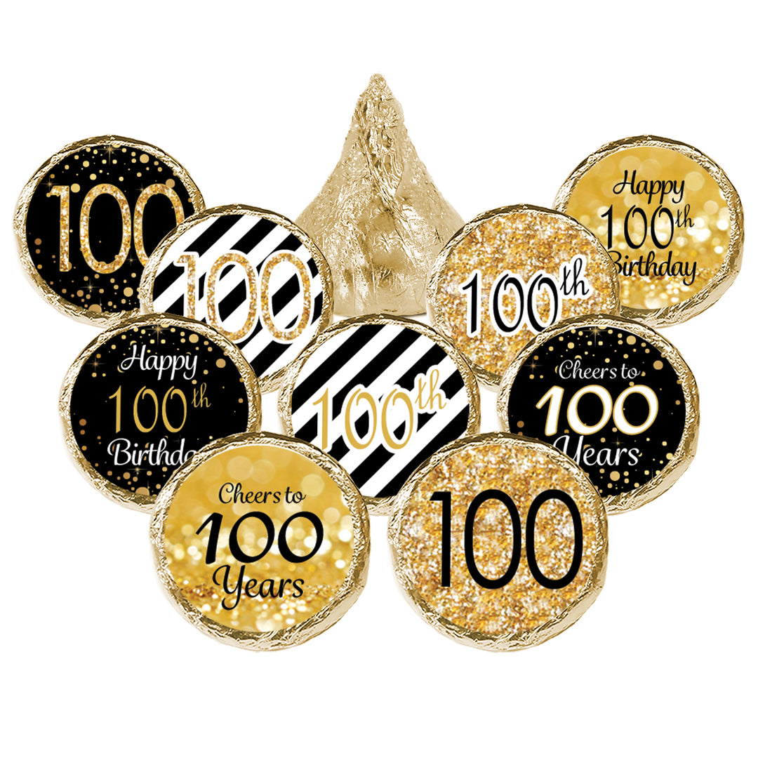 100th Birthday: Black and Gold - Adult Birthday -  Favor Stickers - Fits on Hershey's Kisses - 180 Pack