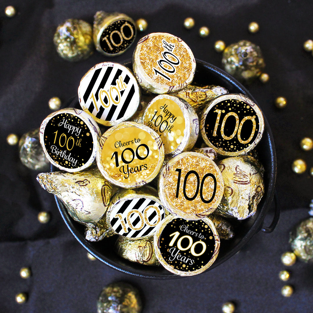 Cumpleaños número 100: negro y dorado - Cumpleaños para adultos - Pegatinas de recuerdo - Se adapta a Hershey's Kisses - Paquete de 180