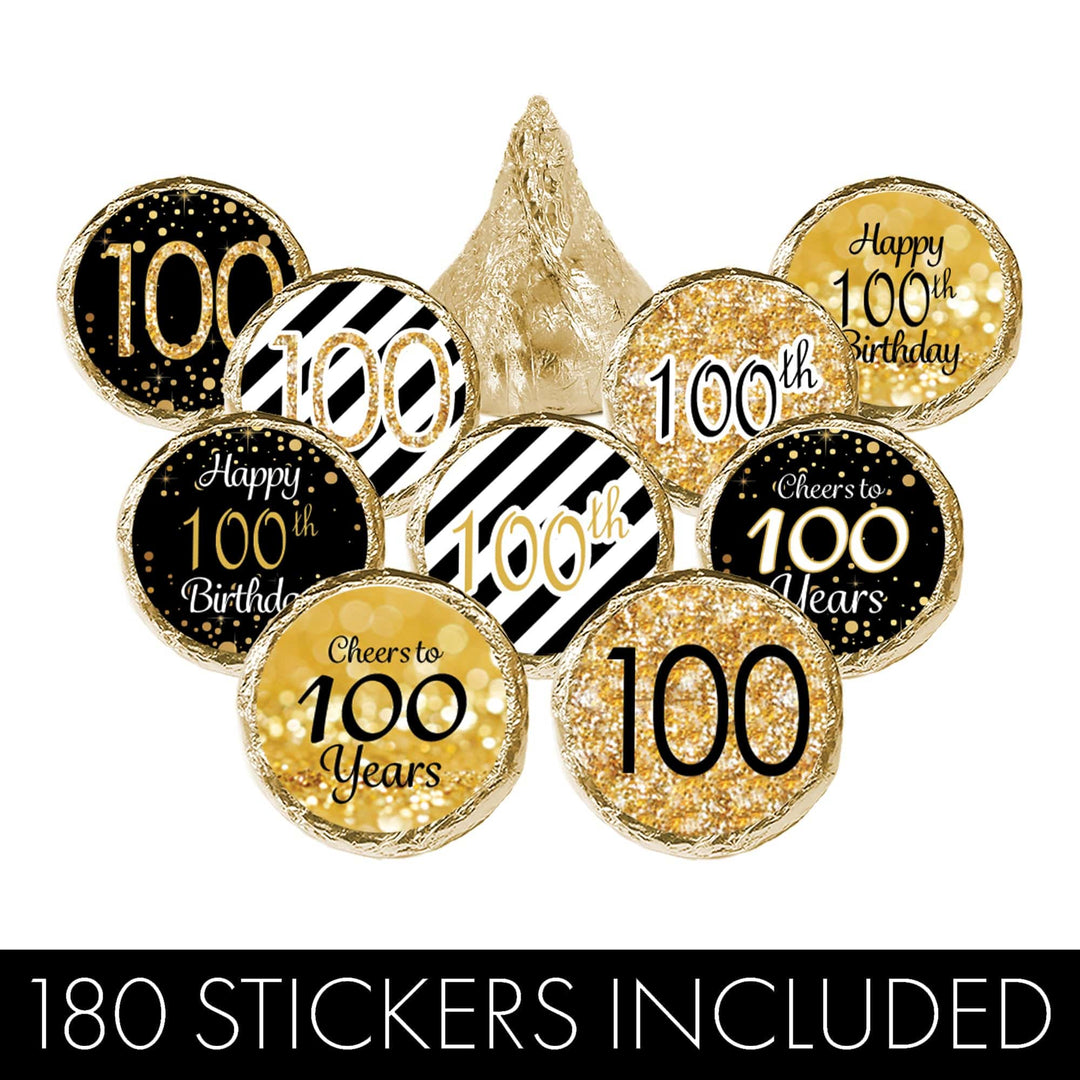 100th Birthday: Black and Gold - Adult Birthday -  Favor Stickers - Fits on Hershey's Kisses - 180 Pack - Distinctivs Party