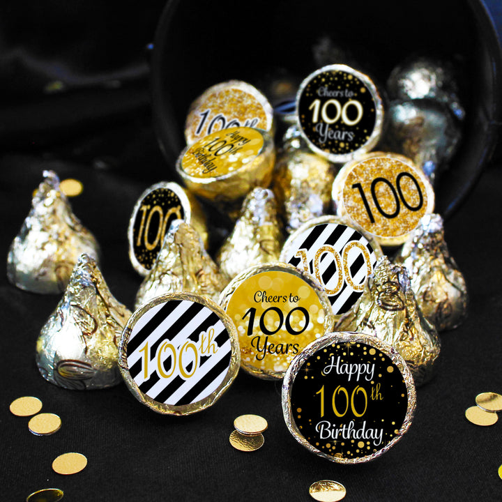 Cumpleaños número 100: negro y dorado - Cumpleaños para adultos - Pegatinas de recuerdo - Se adapta a Hershey's Kisses - Paquete de 180