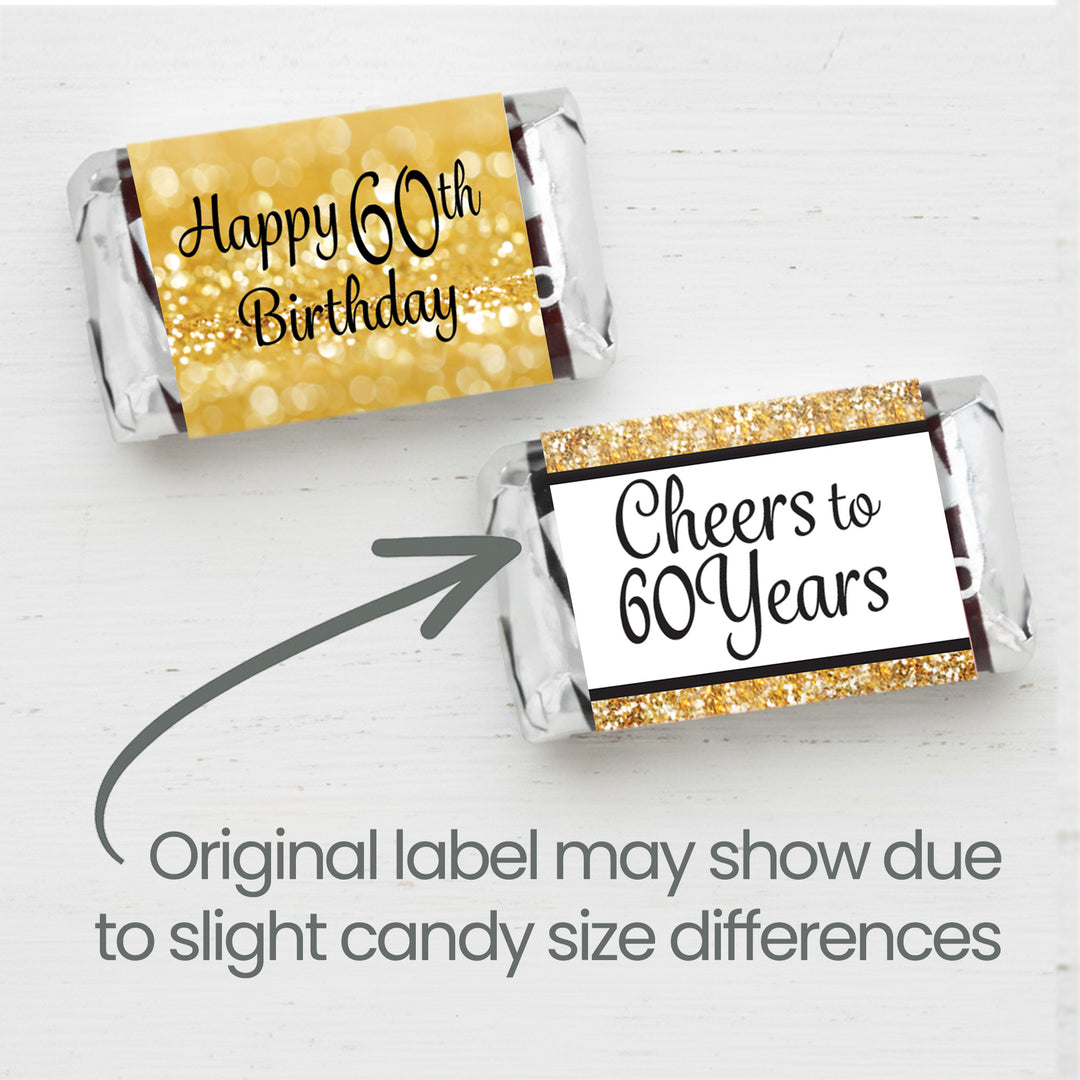60th Birthday: Black & Gold - Hershey's Miniatures Candy Bar Wrappers Stickers - 42 Stickers