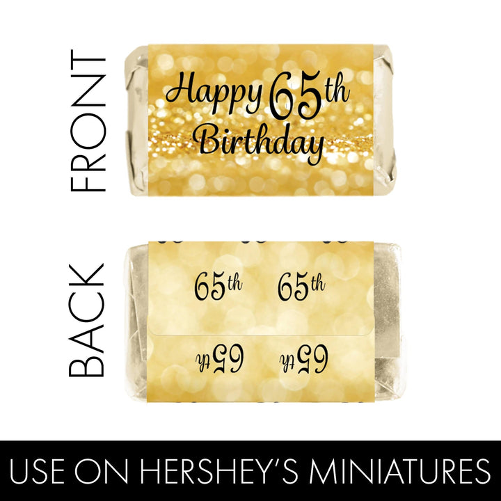 65th Birthday: Black & Gold - Hershey's Miniatures Candy Bar Wrappers Stickers - 45 Stickers - Distinctivs Party