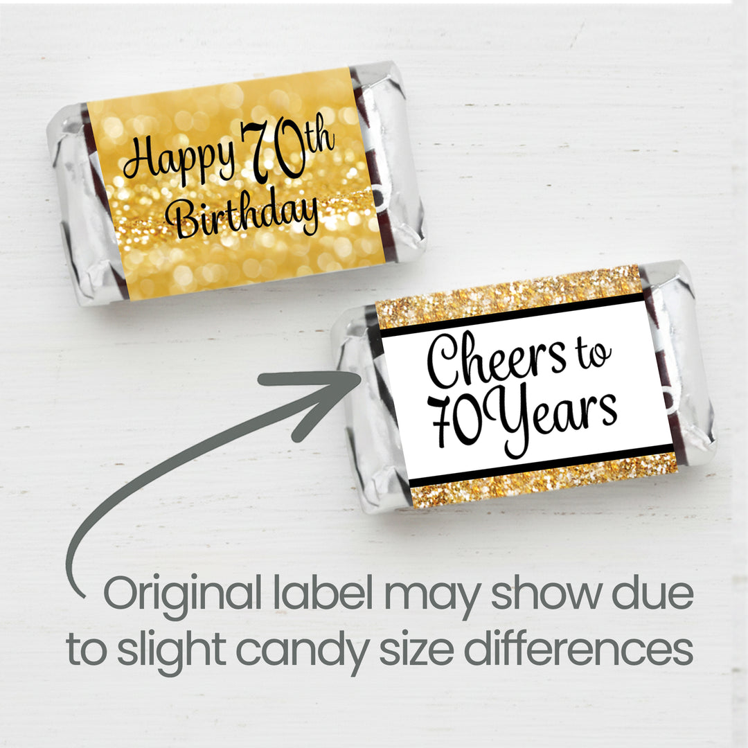 70th Birthday: Black & Gold - Hershey's Miniatures Candy Bar Wrappers Stickers - 42 Stickers