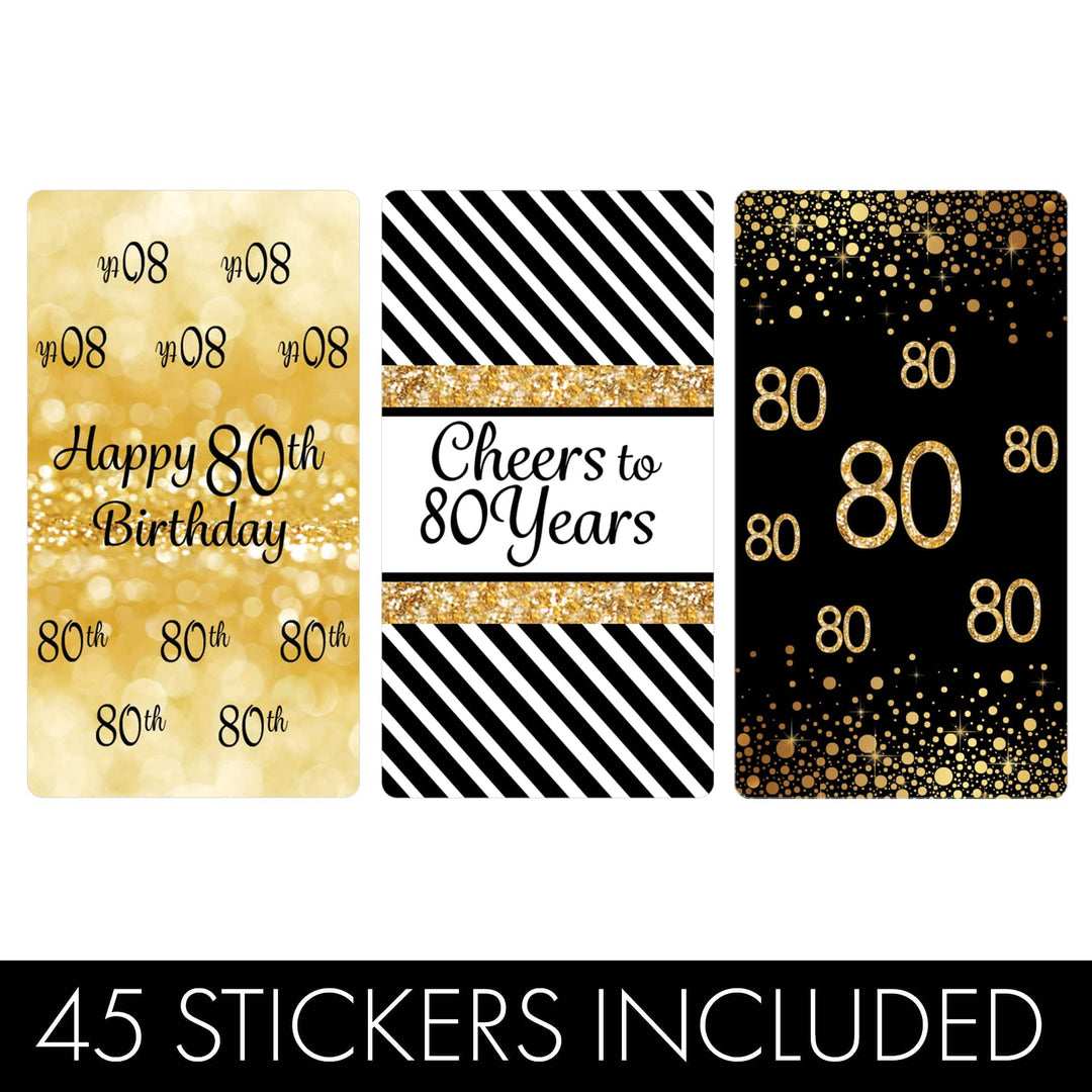 80th Birthday: Black & Gold - Hershey's Miniatures Candy Bar Wrappers Stickers - 45 Stickers - Distinctivs Party