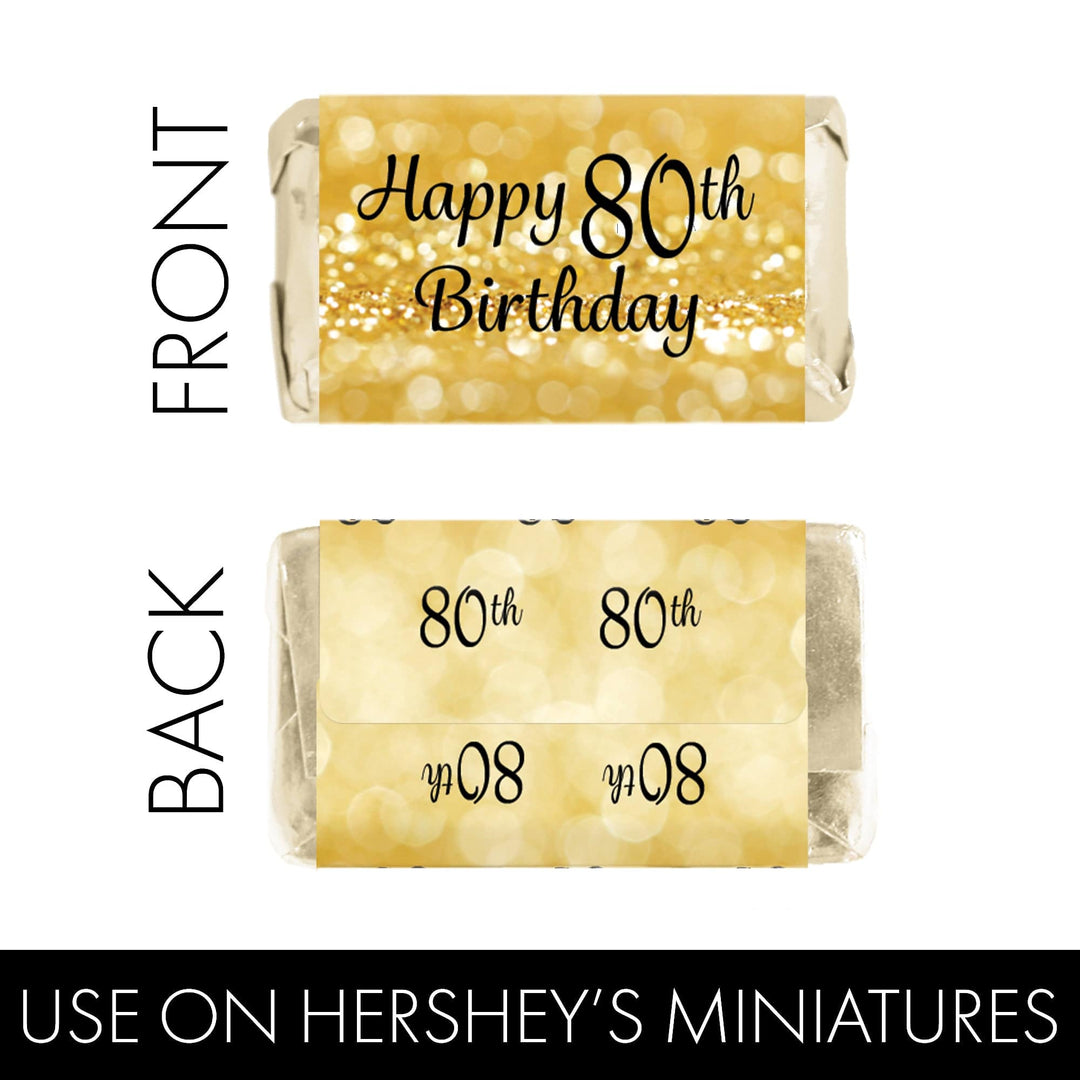 80th Birthday: Black & Gold - Hershey's Miniatures Candy Bar Wrappers Stickers - 45 Stickers - Distinctivs Party