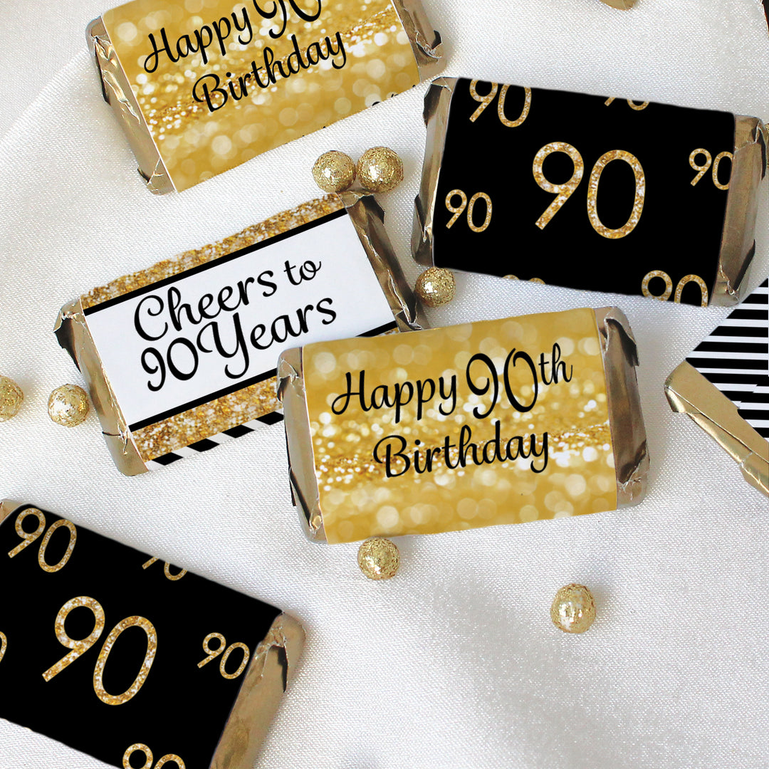 90.º cumpleaños: negro y dorado - Pegatinas para envoltorios de barra de caramelos en miniatura de Hershey's - 45 pegatinas