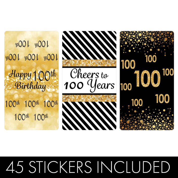 100th Birthday: Black and Gold - Adult Birthday -  Hershey's Miniatures Candy Bar Wrappers Stickers - 45 Pack - Distinctivs Party