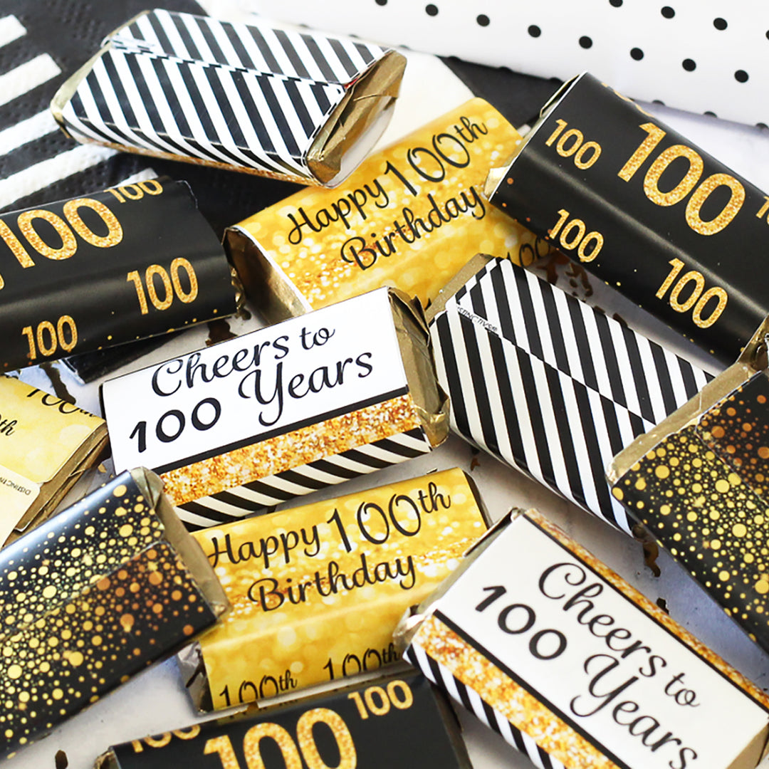 Cumpleaños número 100: negro y dorado, cumpleaños para adultos, pegatinas Hershey's Miniatures Candy Bar Wrappers, paquete de 45