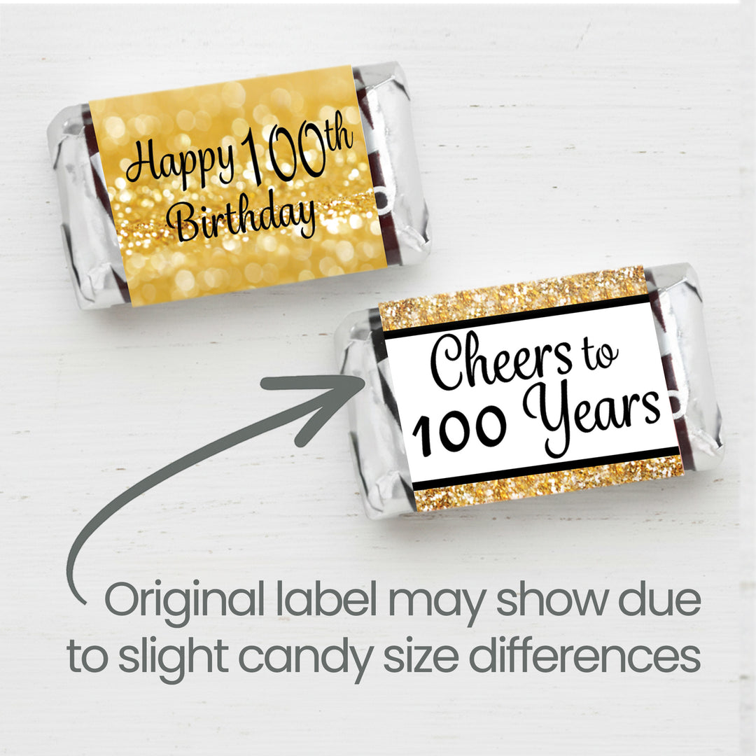 100th Birthday: Black and Gold - Adult Birthday -  Hershey's Miniatures Candy Bar Wrappers Stickers - 42 Pack