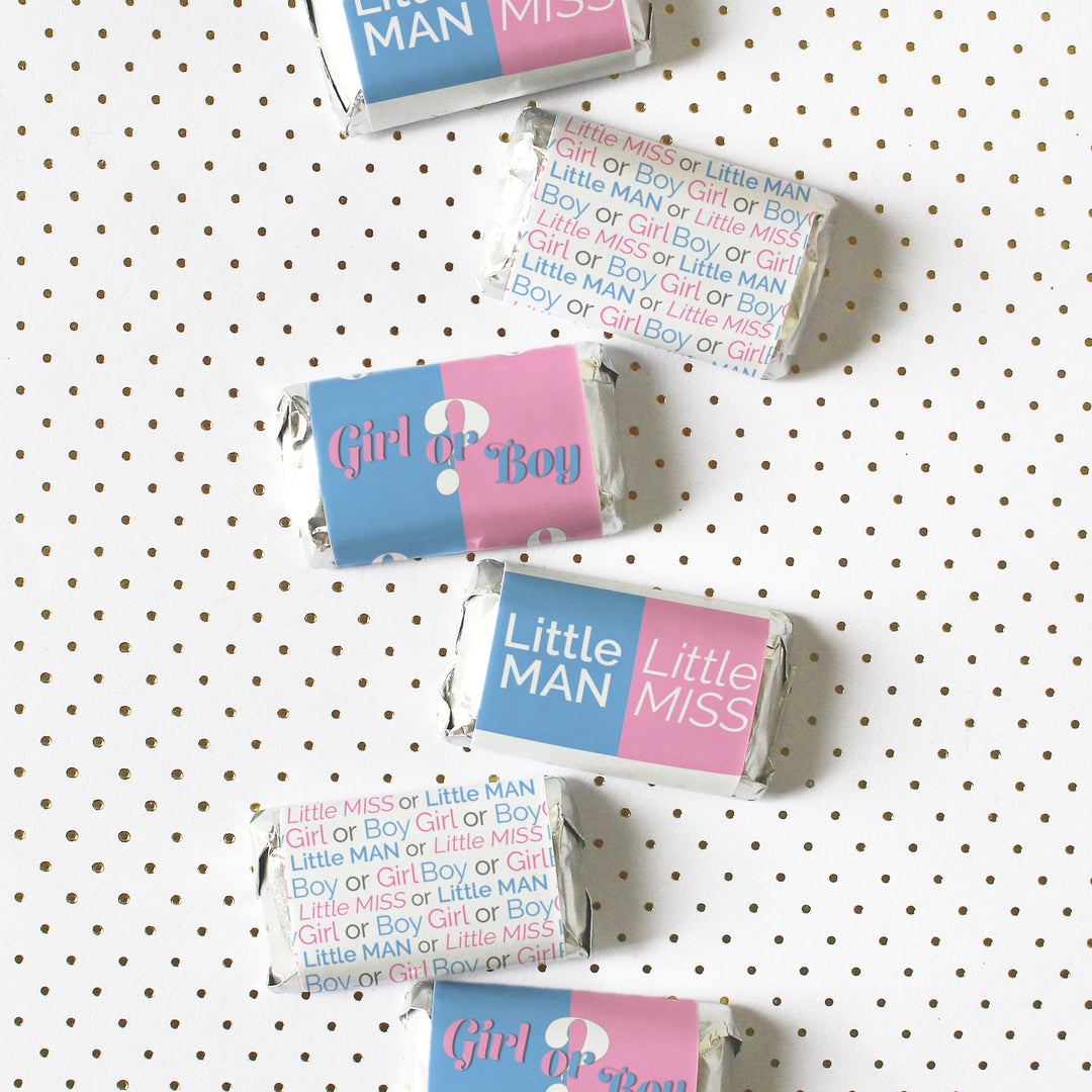 Fiesta de revelación de género: Hombrecito o Señorita - Mini pegatinas para barra de dulces - Se ajustan a miniaturas de Hershey® - 45 unidades